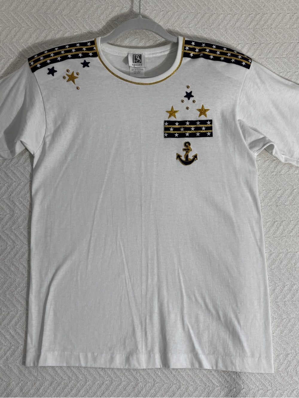 PS Sport Vtg Nautical Anchor Pad Shoulder T Shirt Womens M White Navy Gold NWOT